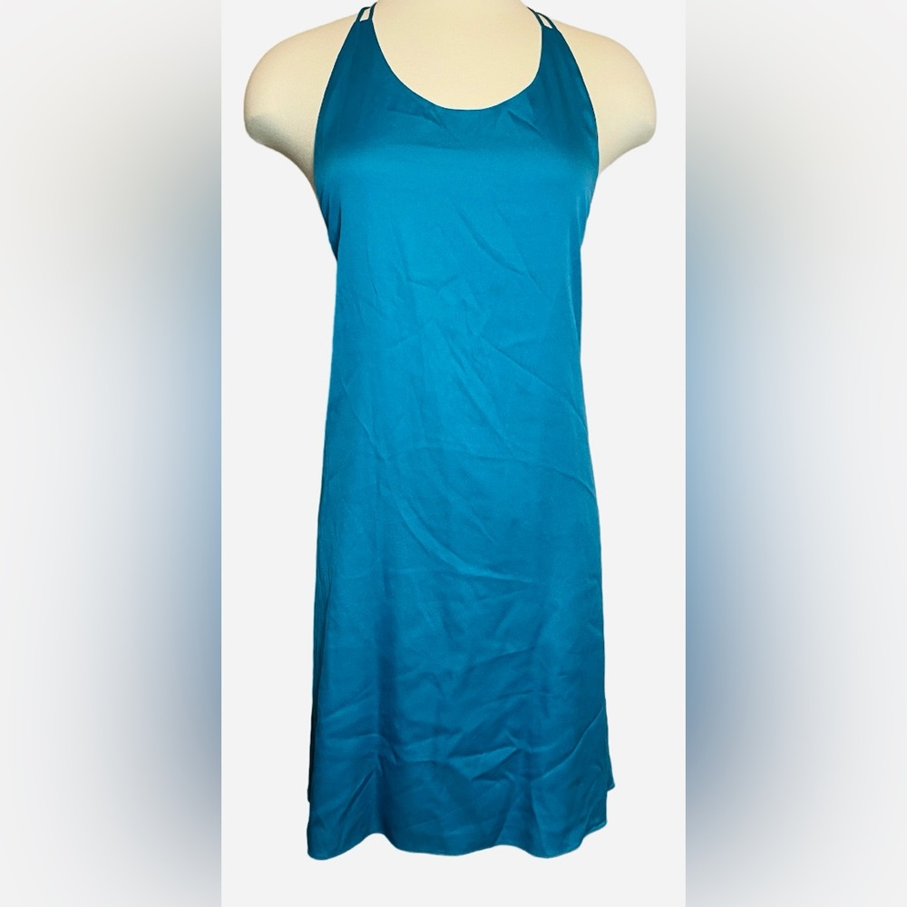 Alice + Olivia Women’s Silky Turquoise Dress Spaghetti Straps w/Leather detail